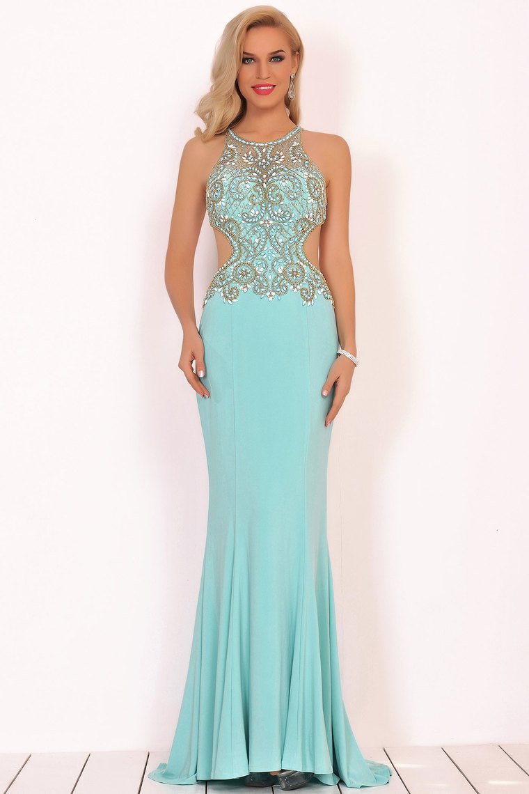 Prom Dresses Scoop Beaded Bodice Mermaid Spandex Open Back