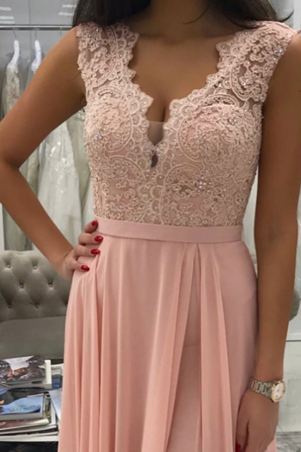 Chic V Neck Lace Appliques With Split Side Long Chiffon Prom Dresses