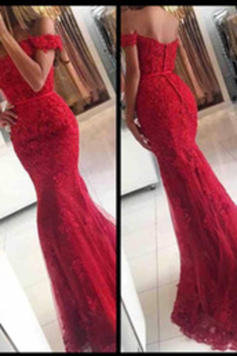 Red Off The Shoulder Prom Dresses Mermaid Tulle With Applique Covered Button