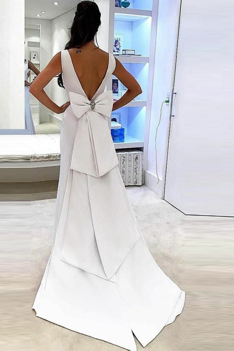 Simple Open Back V-Neck Long White Wedding Dresses Bridal Dresses