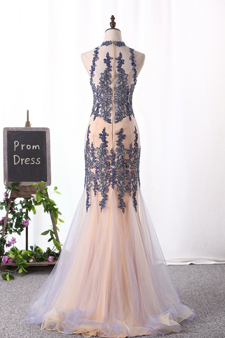 New Arrival Scoop High Neck Tulle With Applique And Beads Mermaid Prom Dresses