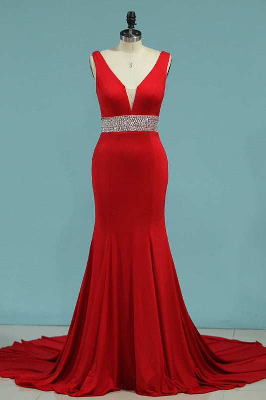 New Arrival Prom Dresses Mermaid V Neck Spandex Open Back