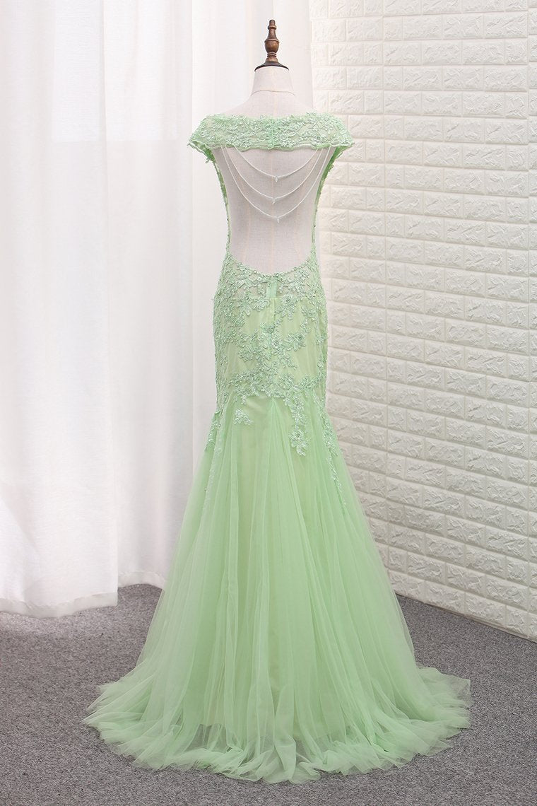 Tulle Scoop Mermaid Open Back Prom Dresses With Applique Sweep Train