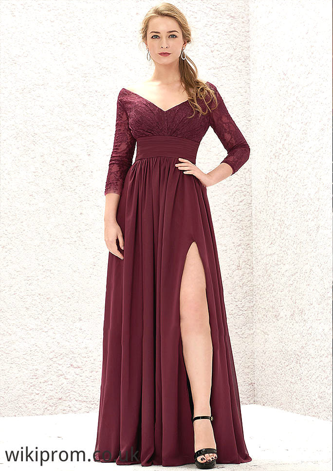 A-line V Neck Full/Long Sleeve Long/Floor-Length Chiffon Bridesmaid Dresses With Lace Split Pleated Nicola SWKP0025304