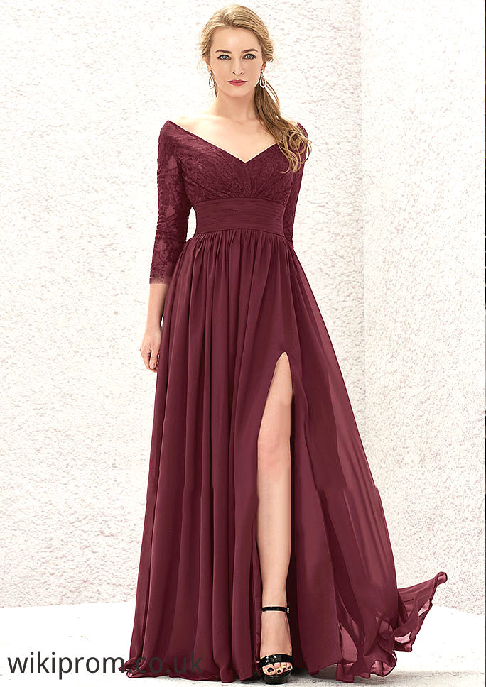 A-line V Neck Full/Long Sleeve Long/Floor-Length Chiffon Bridesmaid Dresses With Lace Split Pleated Nicola SWKP0025304