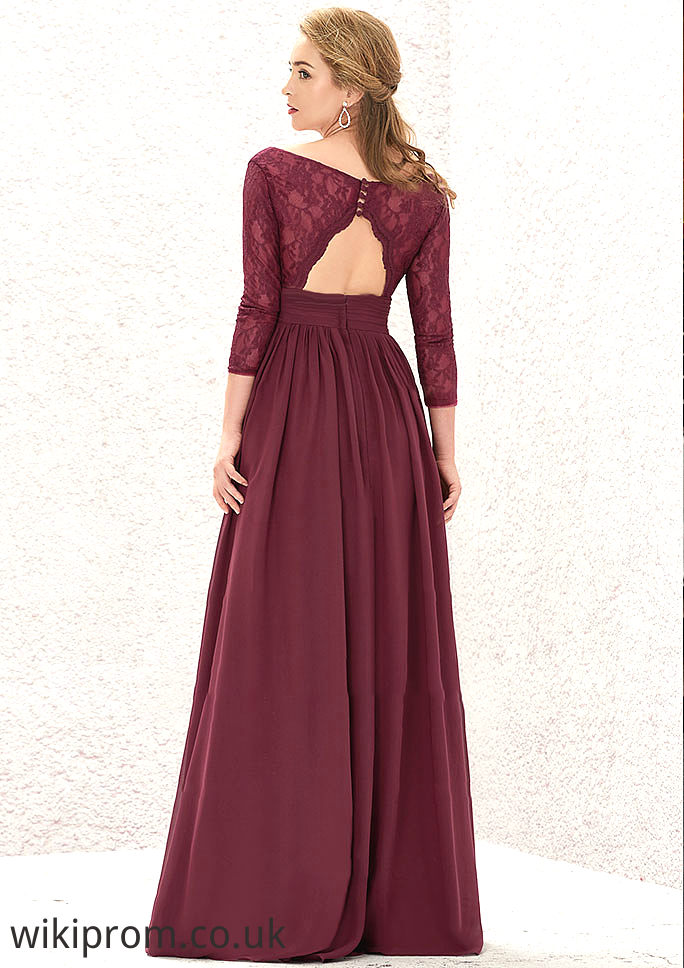 A-line V Neck Full/Long Sleeve Long/Floor-Length Chiffon Bridesmaid Dresses With Lace Split Pleated Nicola SWKP0025304