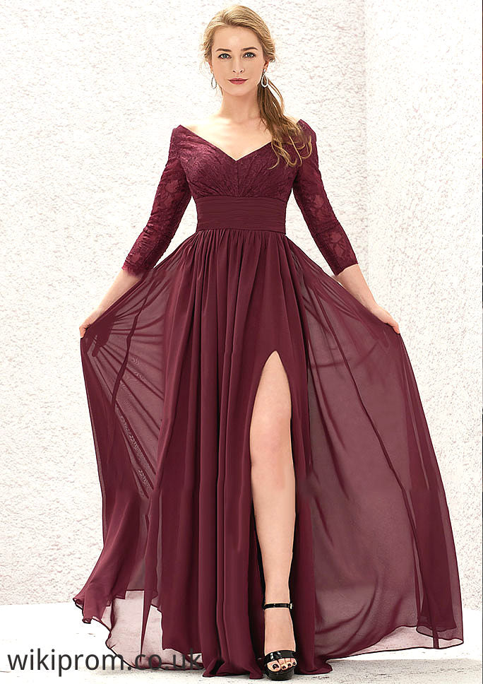 A-line V Neck Full/Long Sleeve Long/Floor-Length Chiffon Bridesmaid Dresses With Lace Split Pleated Nicola SWKP0025304