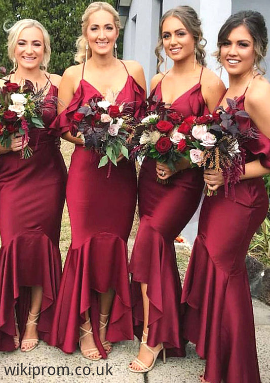 Sleeveless V Neck Asymmetrical Trumpet/Mermaid Charmeuse Bridesmaid Dresseses With Ruffles Kimberly SWKP0025305