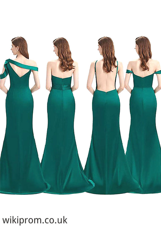 Trumpet/Mermaid Sleeveless Long/Floor-Length Silk like Satin Bridesmaid Dresses With Pleated Split Elsie SWKP0025306