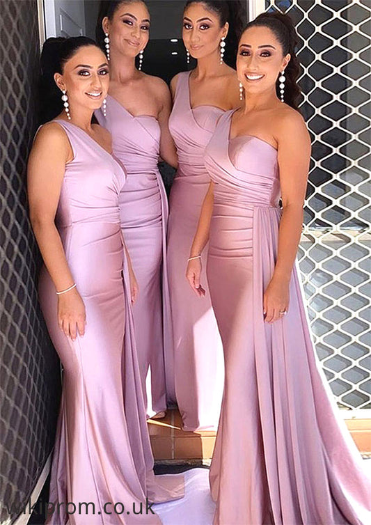 Trumpet/Mermaid One-Shoulder Sleeveless Sweep Train Jersey Bridesmaid Dresses With Pleated Side Draping Paula SWKP0025308