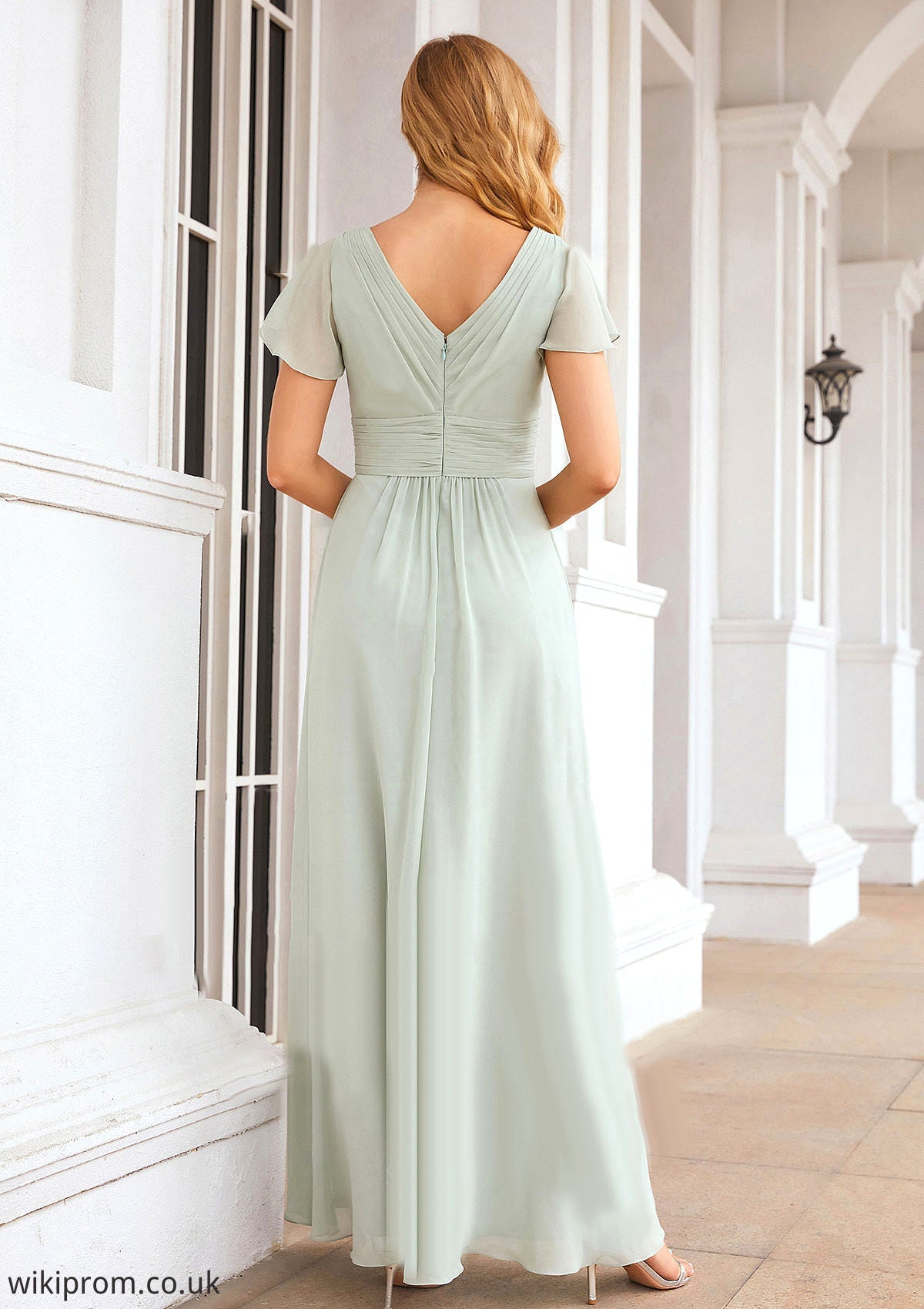 A-line V Neck Short Sleeve Long/Floor-Length Chiffon Bridesmaid Dresses With Pleated Karen SWKP0025309