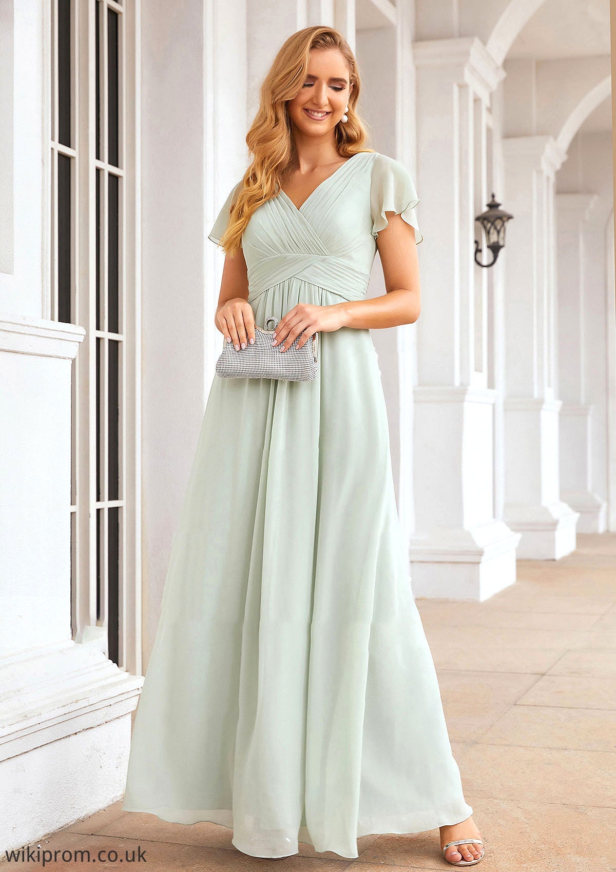 A-line V Neck Short Sleeve Long/Floor-Length Chiffon Bridesmaid Dresses With Pleated Karen SWKP0025309