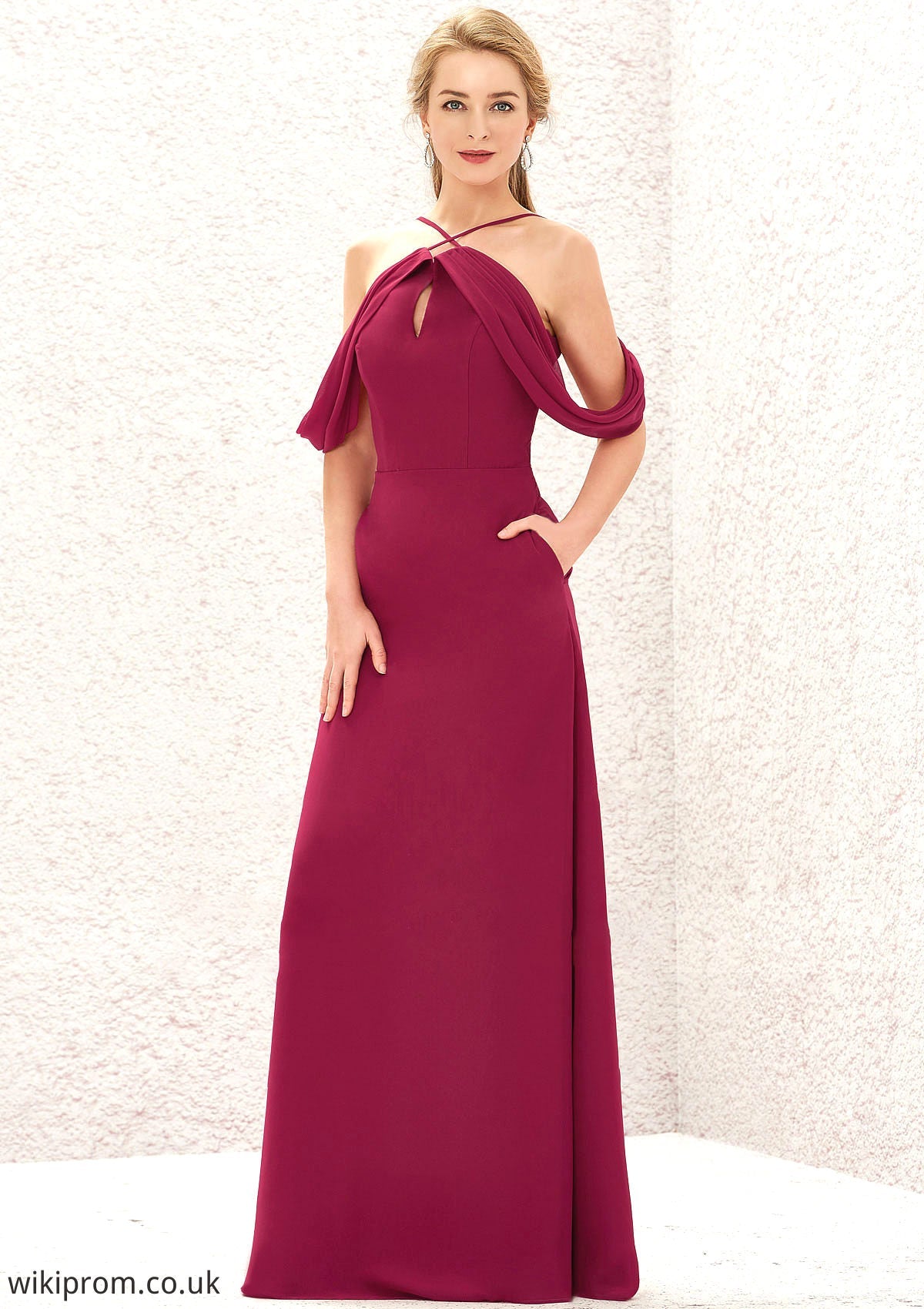 A-line Scalloped Neck Sleeveless Chiffon Long/Floor-Length Bridesmaid Dresses With Pockets Kinsley SWKP0025310