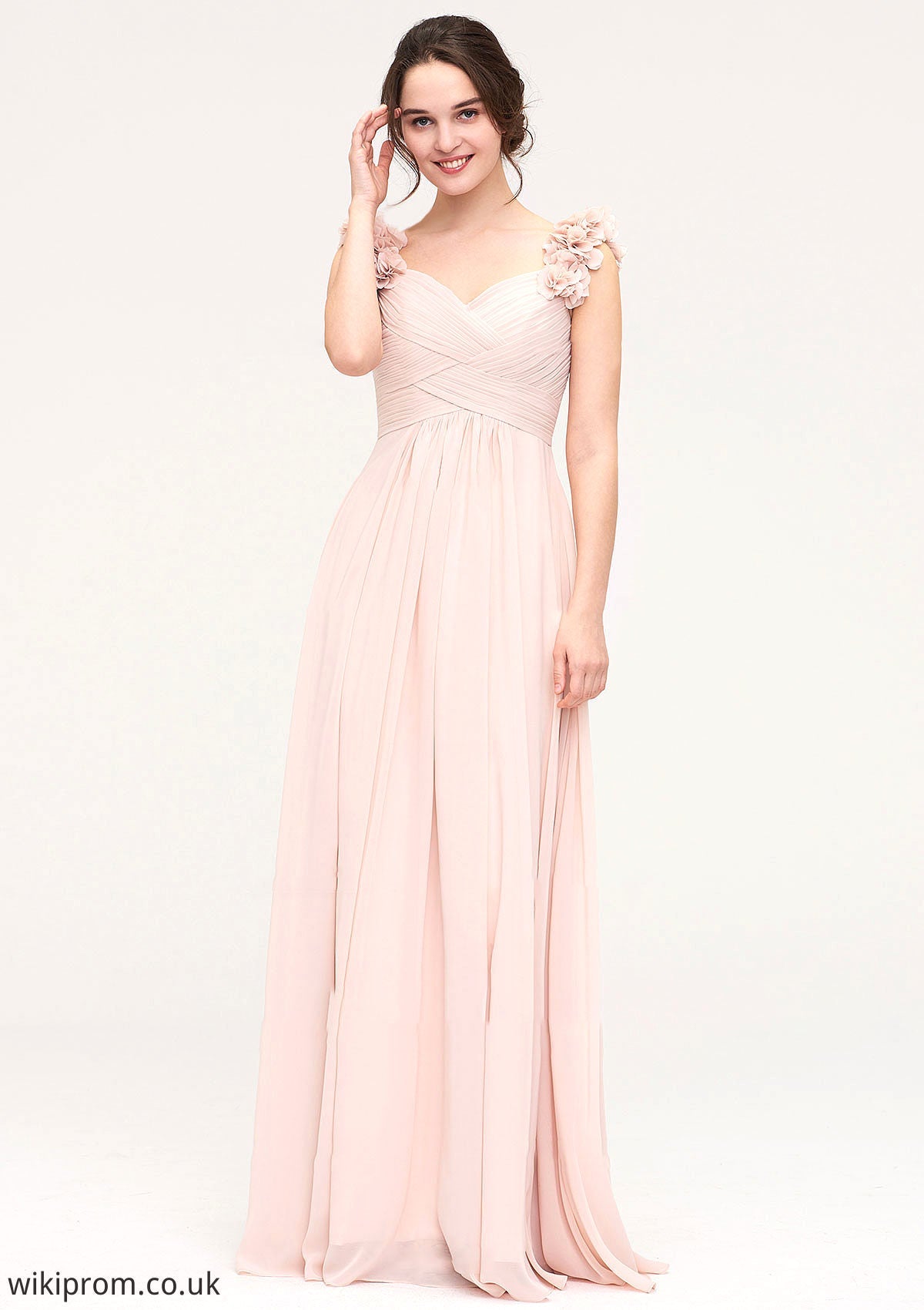 Sweetheart Sleeveless A-line/Princess Chiffon Long/Floor-Length Bridesmaid Dresses With Pleated Shoulder Flower Kaylah SWKP0025315