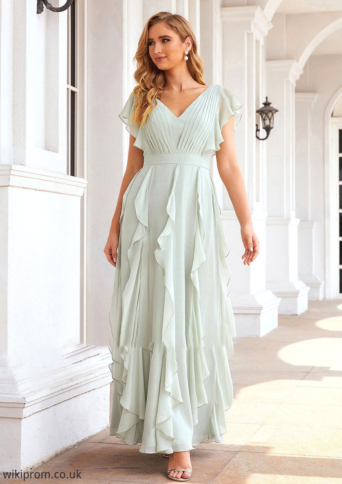 A-line V Neck Short Sleeve Long/Floor-Length Chiffon Bridesmaid Dresses With Pleated Ruffles Lina SWKP0025316