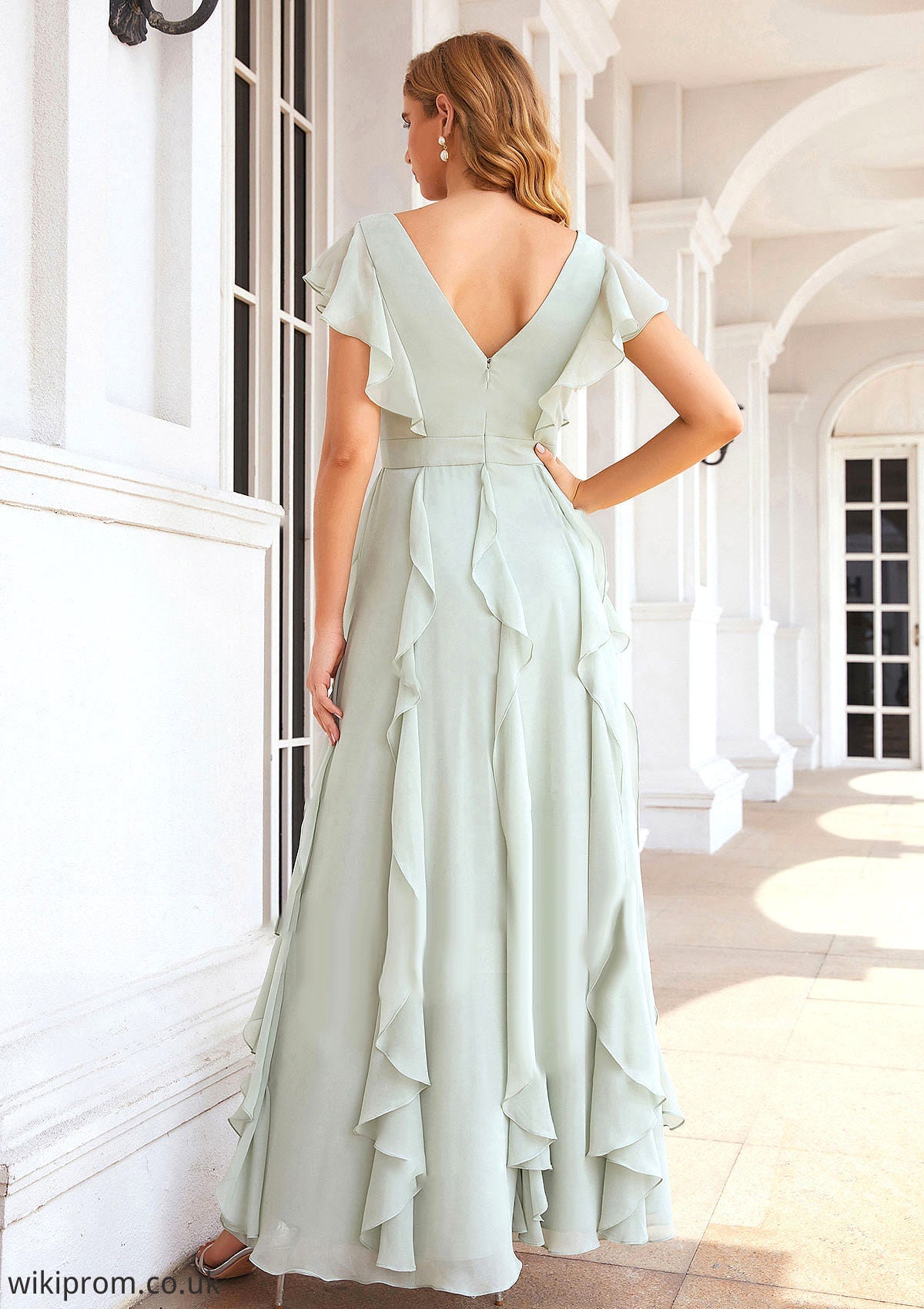 A-line V Neck Short Sleeve Long/Floor-Length Chiffon Bridesmaid Dresses With Pleated Ruffles Lina SWKP0025316