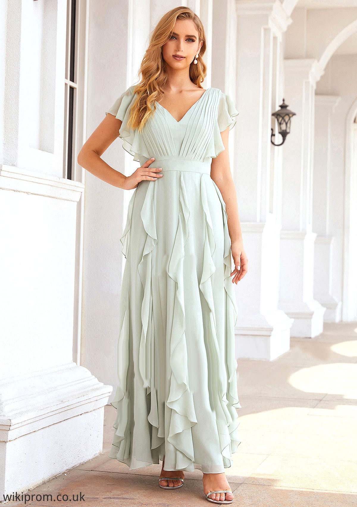 A-line V Neck Short Sleeve Long/Floor-Length Chiffon Bridesmaid Dresses With Pleated Ruffles Lina SWKP0025316