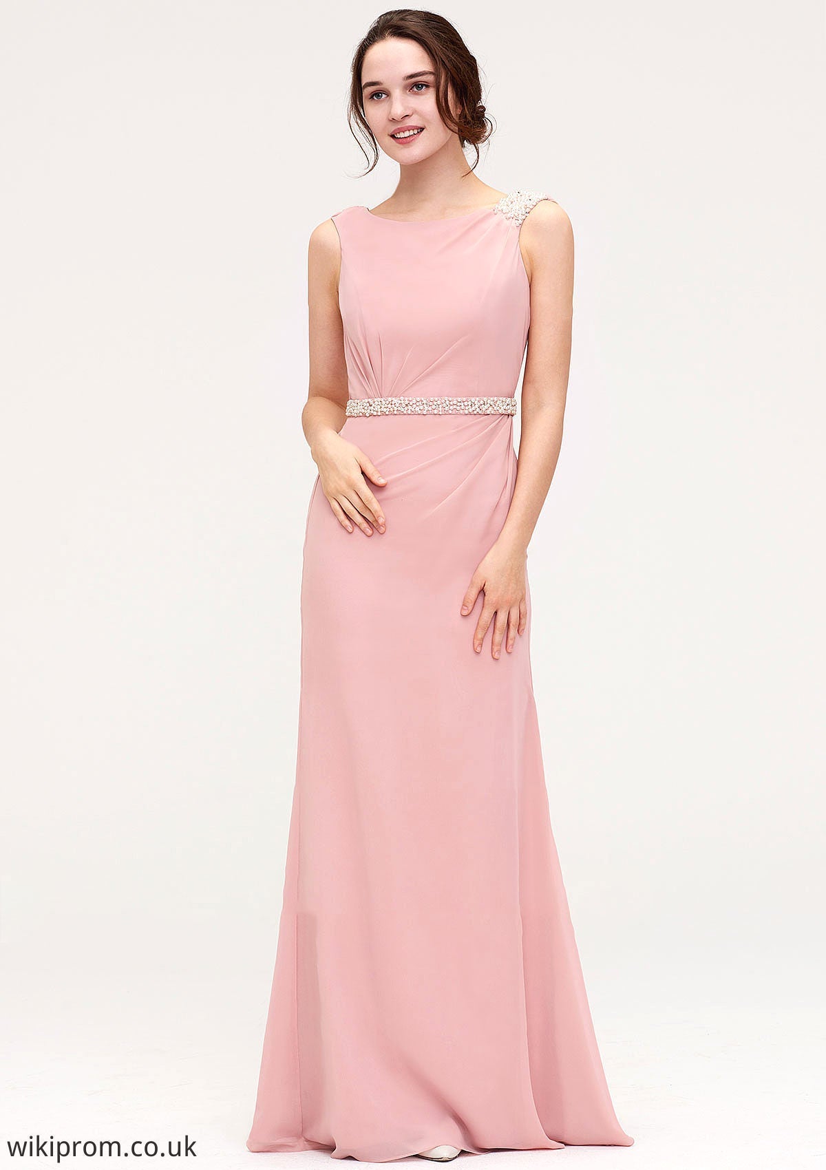 Sleeveless Sheath/Column Long/Floor-Length Chiffon Bridesmaid Dresses With Waistband Beading Jazmin SWKP0025317