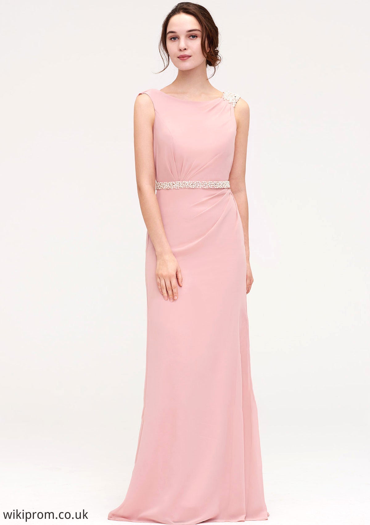 Sleeveless Sheath/Column Long/Floor-Length Chiffon Bridesmaid Dresses With Waistband Beading Jazmin SWKP0025317