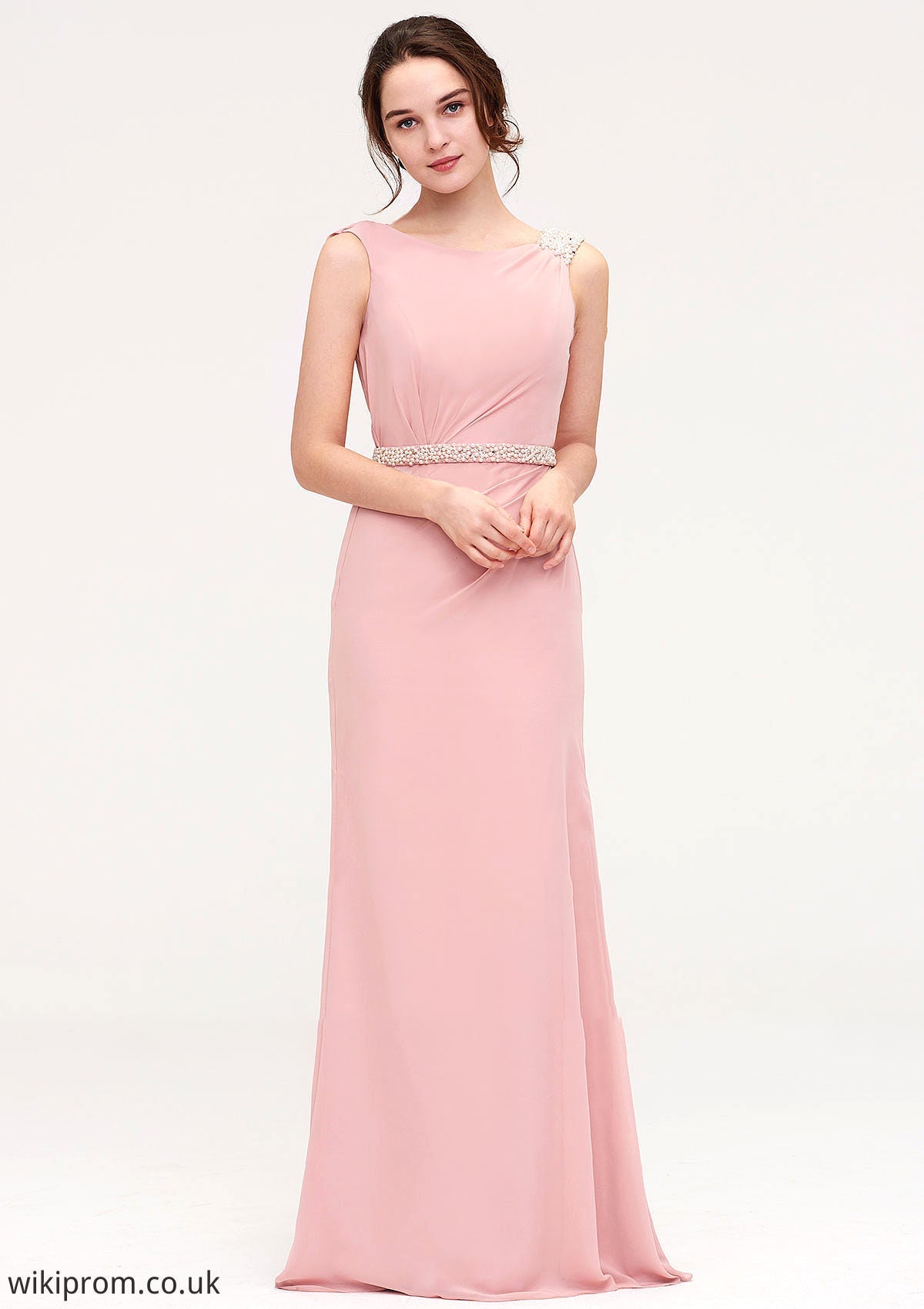 Sleeveless Sheath/Column Long/Floor-Length Chiffon Bridesmaid Dresses With Waistband Beading Jazmin SWKP0025317