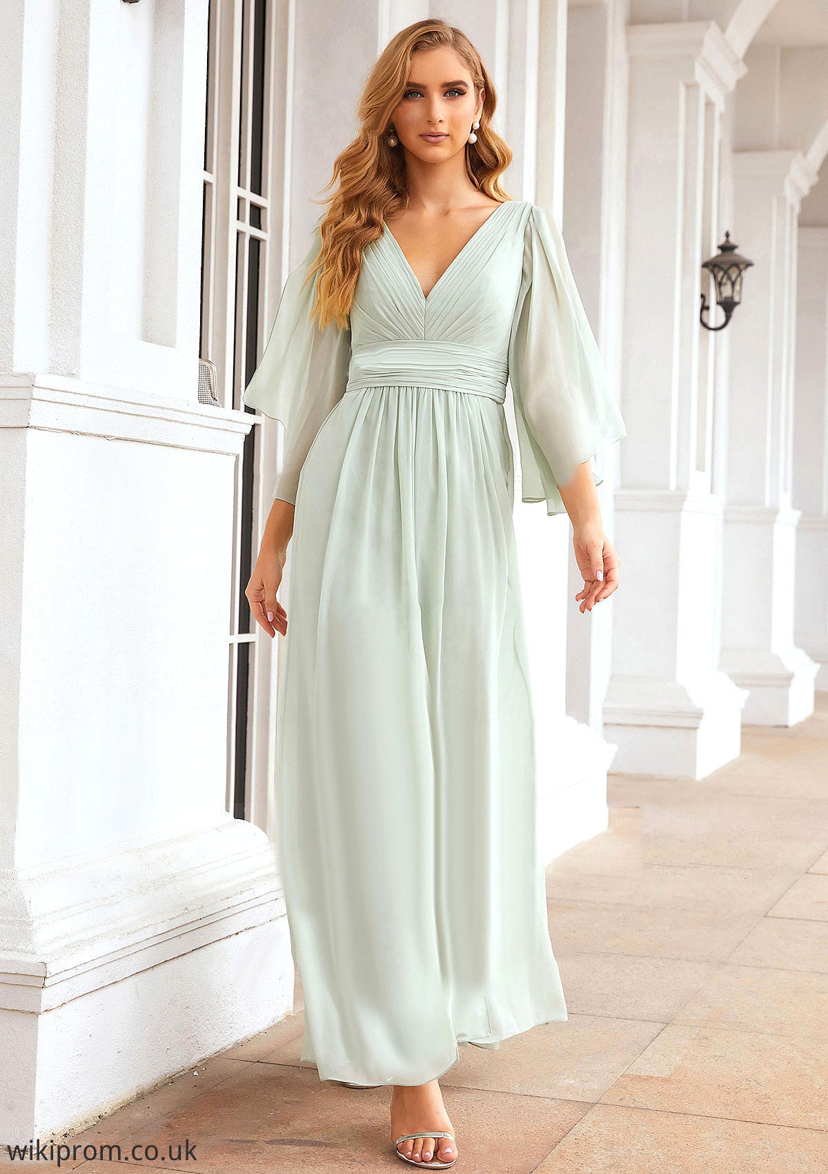 Sheath/Column V Neck 3/4 Sleeve Long/Floor-Length Chiffon Bridesmaid Dresses With Pleated Maureen SWKP0025318