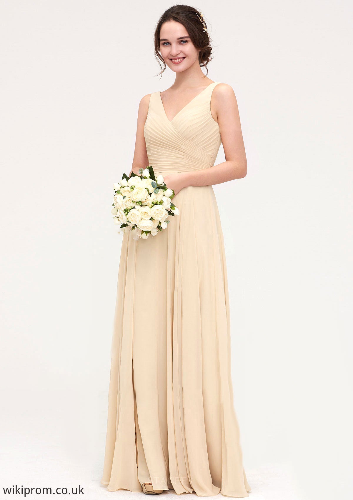 A-line/Princess V Neck Long/Floor-Length A-line/Princess Chiffon Bridesmaid Dresses With Sashes Pleated Ashlynn SWKP0025322