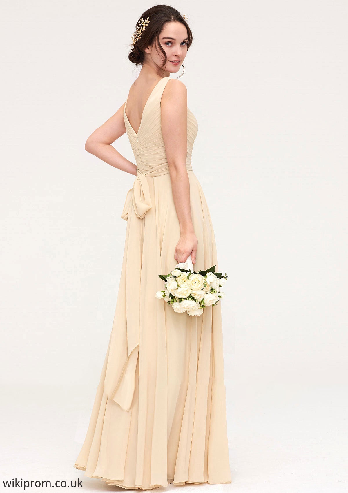 A-line/Princess V Neck Long/Floor-Length A-line/Princess Chiffon Bridesmaid Dresses With Sashes Pleated Ashlynn SWKP0025322