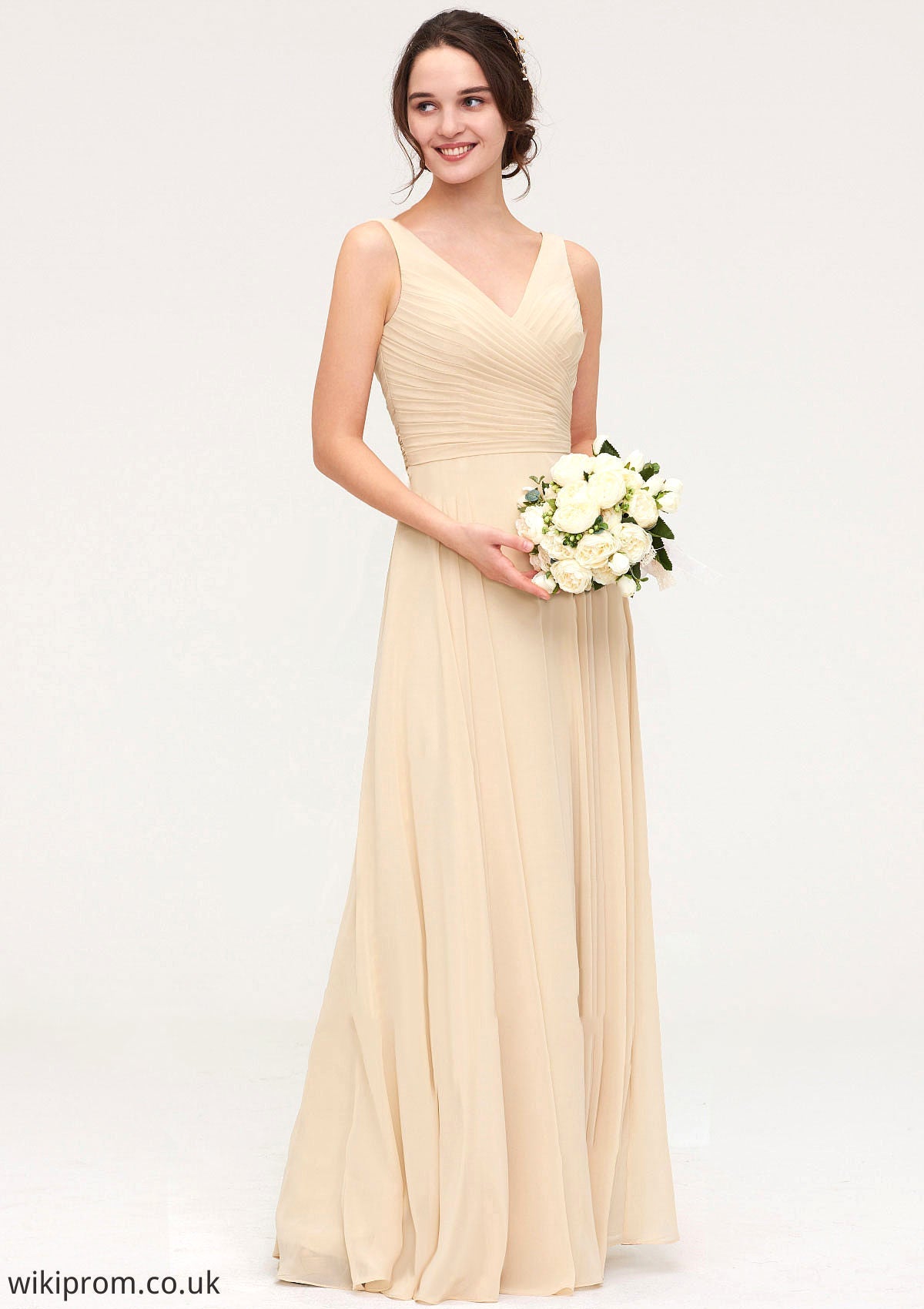 A-line/Princess V Neck Long/Floor-Length A-line/Princess Chiffon Bridesmaid Dresses With Sashes Pleated Ashlynn SWKP0025322