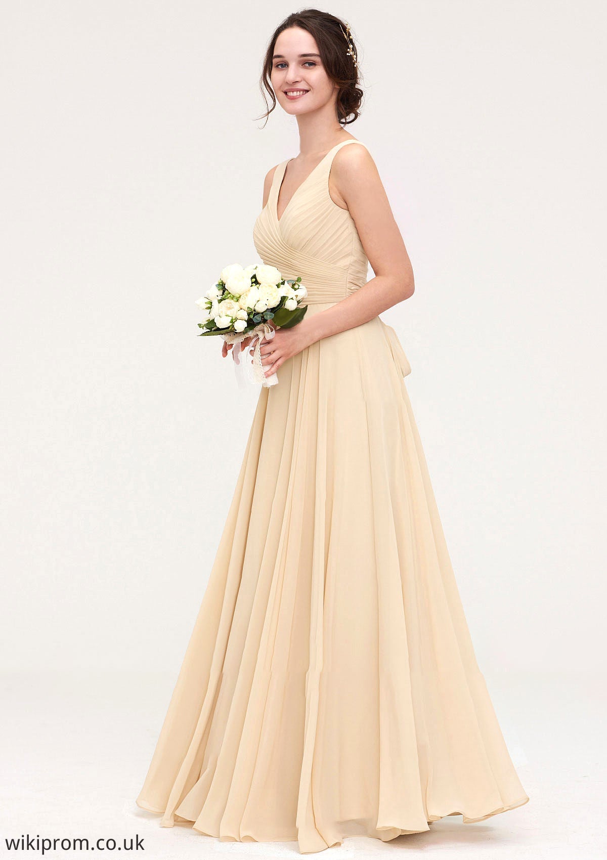 A-line/Princess V Neck Long/Floor-Length A-line/Princess Chiffon Bridesmaid Dresses With Sashes Pleated Ashlynn SWKP0025322