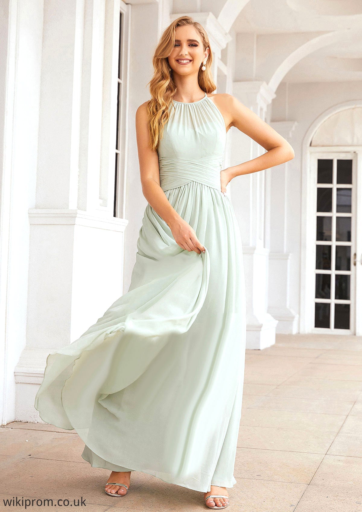 A-line Halter Sleeveless Long/Floor-Length Chiffon Bridesmaid Dresses With Pleated Kiley SWKP0025325