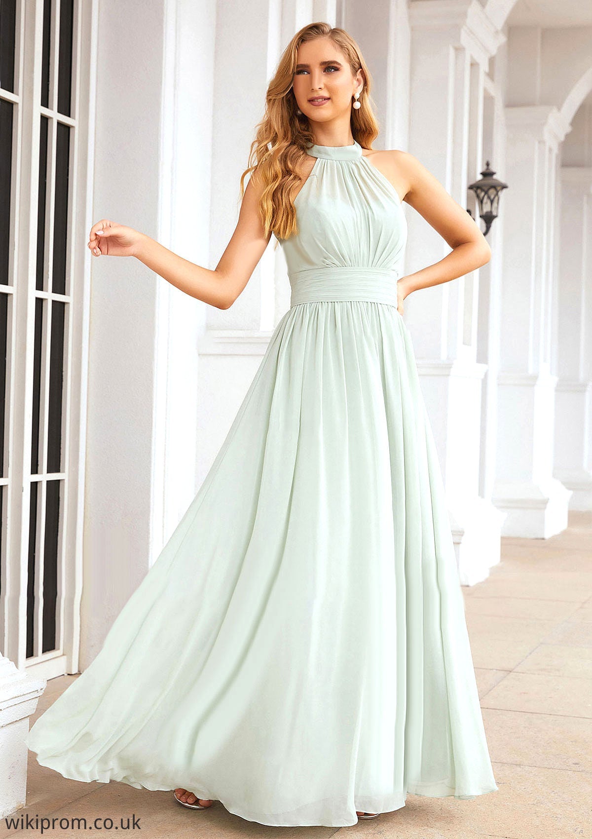 A-line High-Neck Sleeveless Long/Floor-Length Chiffon Bridesmaid Dresses With Pleated Jamiya SWKP0025326