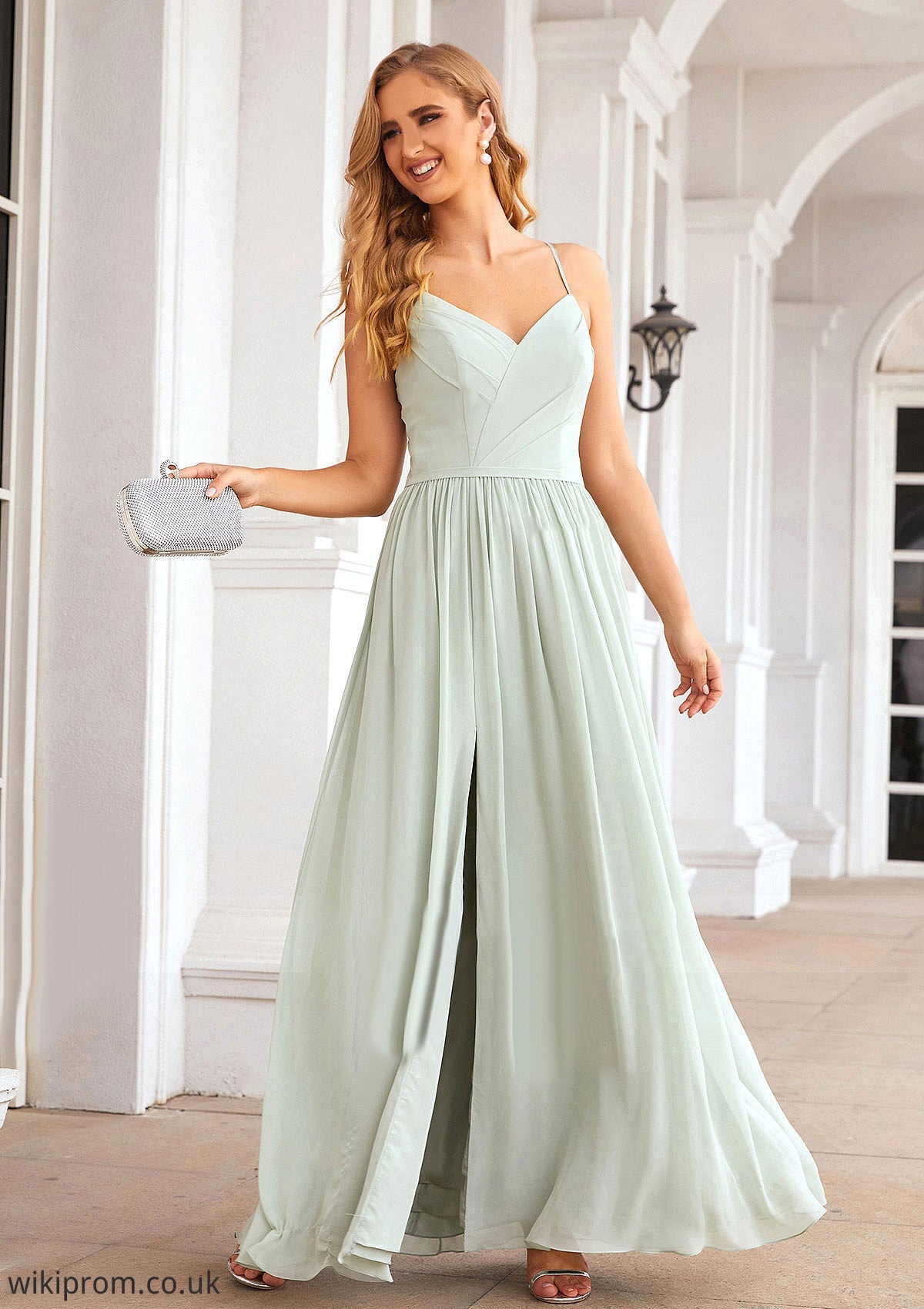 A-line V Neck Sleeveless Long/Floor-Length Chiffon Bridesmaid Dresses With Pleated Split Kaitlin SWKP0025327