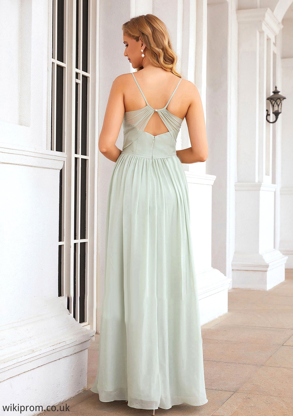 A-line V Neck Sleeveless Long/Floor-Length Chiffon Bridesmaid Dresses With Pleated Split Kaitlin SWKP0025327