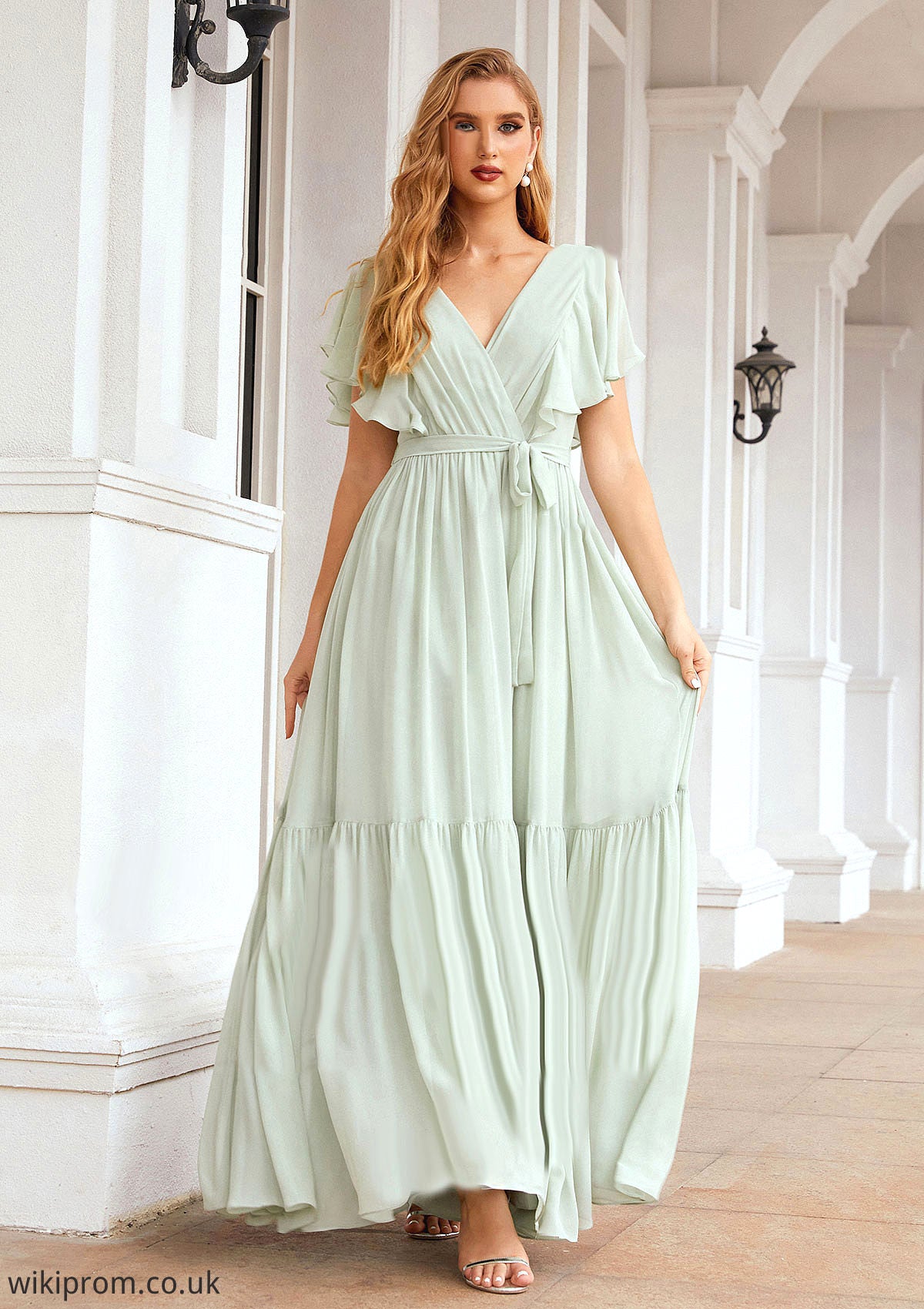 A-line V Neck Short Sleeve Chiffon Long/Floor-Length Bridesmaid Dresses With Pleated Jaylin SWKP0025331