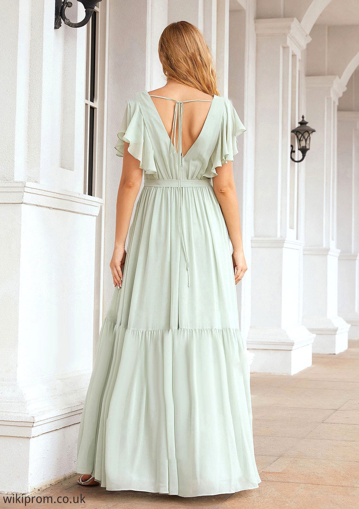 A-line V Neck Short Sleeve Chiffon Long/Floor-Length Bridesmaid Dresses With Pleated Jaylin SWKP0025331