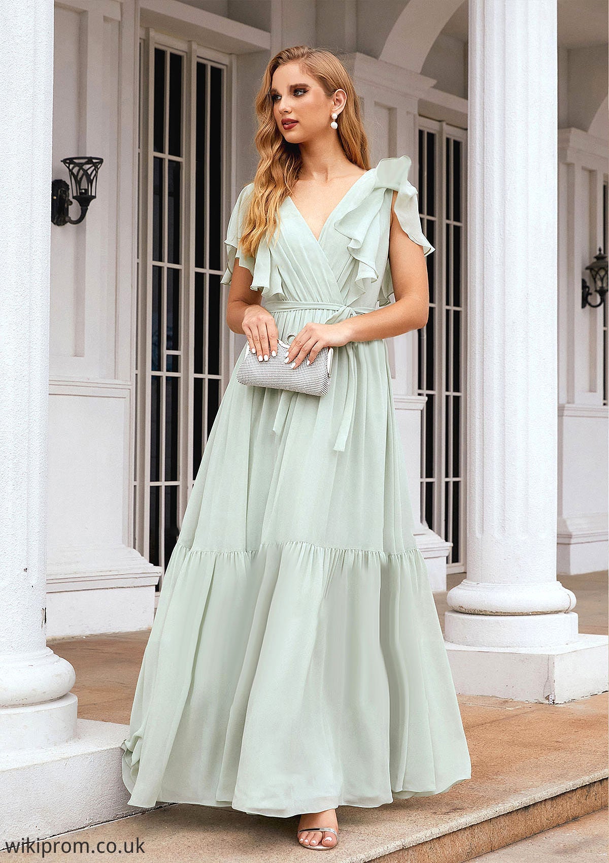 A-line V Neck Short Sleeve Chiffon Long/Floor-Length Bridesmaid Dresses With Pleated Jaylin SWKP0025331