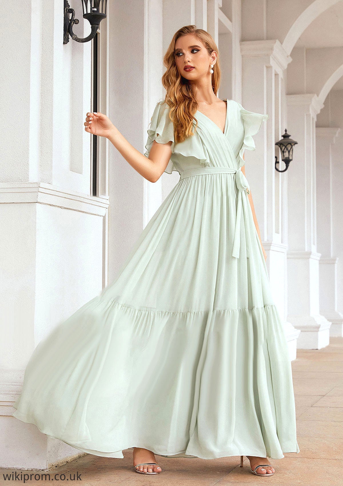 A-line V Neck Short Sleeve Chiffon Long/Floor-Length Bridesmaid Dresses With Pleated Jaylin SWKP0025331