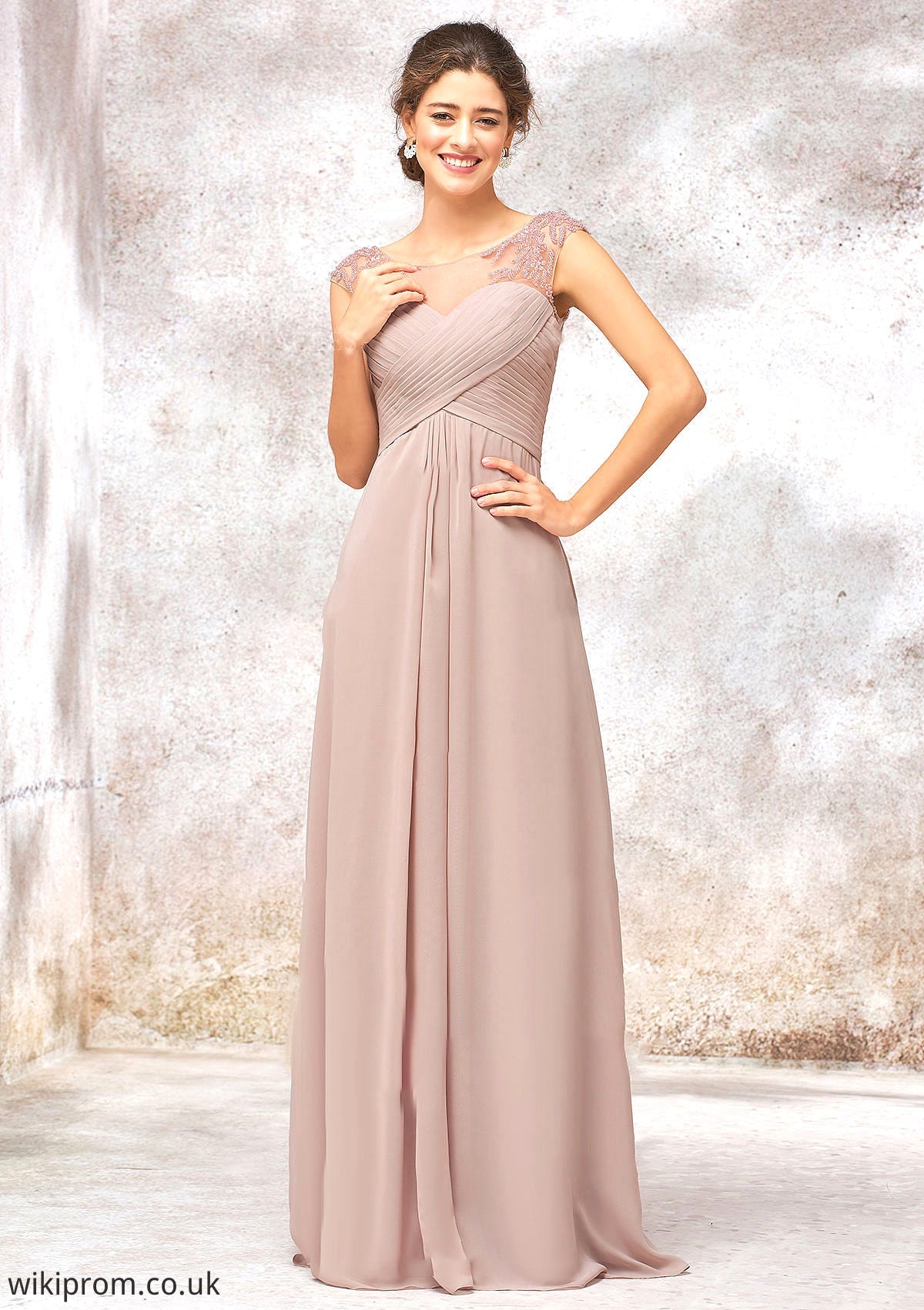 Illusion Neck Long/Floor-Length Chiffon A-line/Princess Bridesmaid Dresses  With Sequins Pleated Beading Scarlet SWKP0025334