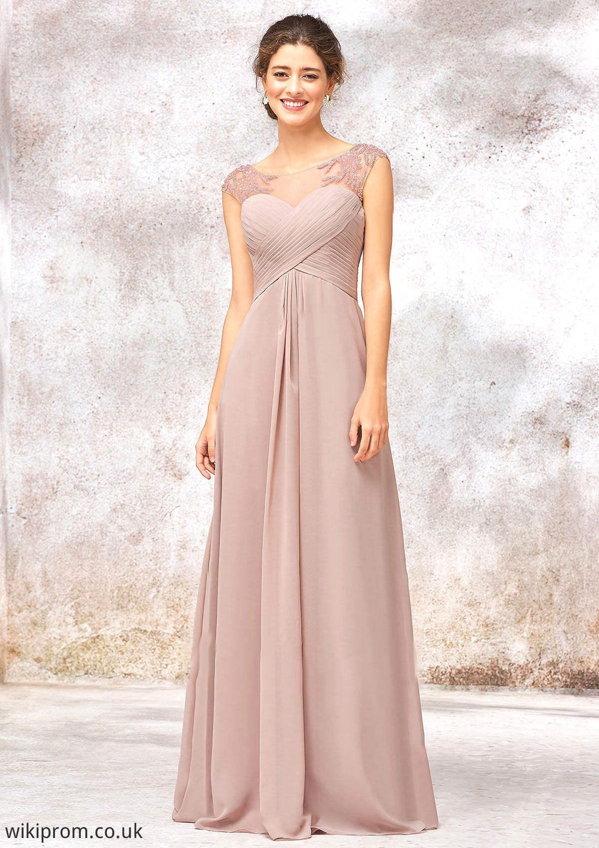 Illusion Neck Long/Floor-Length Chiffon A-line/Princess Bridesmaid Dresses  With Sequins Pleated Beading Scarlet SWKP0025334