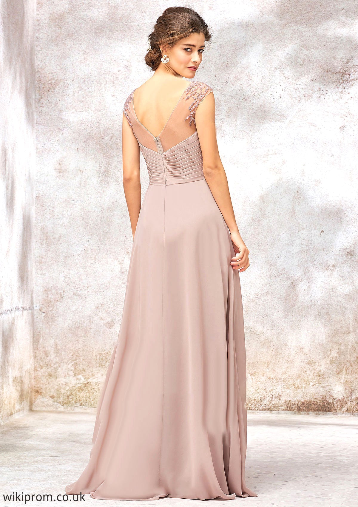 Illusion Neck Long/Floor-Length Chiffon A-line/Princess Bridesmaid Dresses  With Sequins Pleated Beading Scarlet SWKP0025334