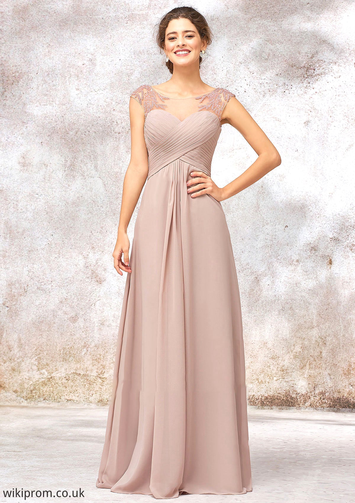 Illusion Neck Long/Floor-Length Chiffon A-line/Princess Bridesmaid Dresses  With Sequins Pleated Beading Scarlet SWKP0025334