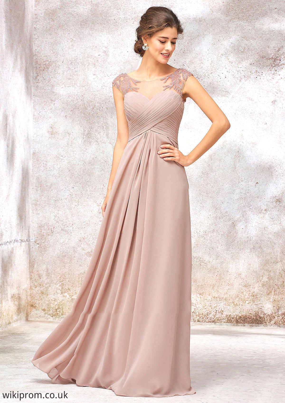 Illusion Neck Long/Floor-Length Chiffon A-line/Princess Bridesmaid Dresses  With Sequins Pleated Beading Scarlet SWKP0025334