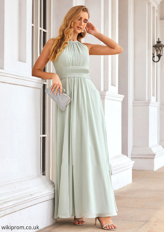 A-line Halter Sleeveless Long/Floor-Length Chiffon Bridesmaid Dresses With Pleated Kassandra SWKP0025342