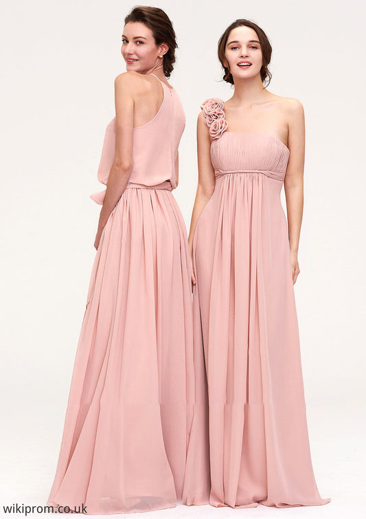 Sleeveless One-Shoulder Long/Floor-Length Chiffon A-line/Princess Bridesmaid Dresses With Pleated Flowers Kathleen SWKP0025346