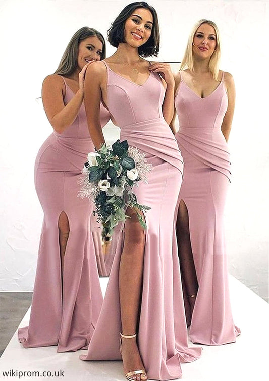 Trumpet/Mermaid V Neck Sleeveless Long/Floor-Length Elastic Satin Bridesmaid Dresses With Pleated Split Kaitlin SWKP0025347