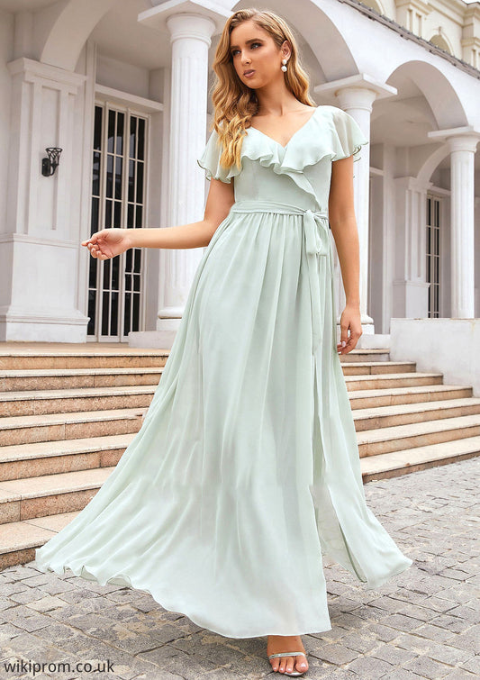 A-line V Neck Short Sleeve Long/Floor-Length Chiffon Bridesmaid Dresses With Sashes Ruffles Amirah SWKP0025352