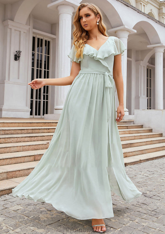 A-line V Neck Short Sleeve Long/Floor-Length Chiffon Bridesmaid Dresses With Sashes Ruffles Erika DUP0025352