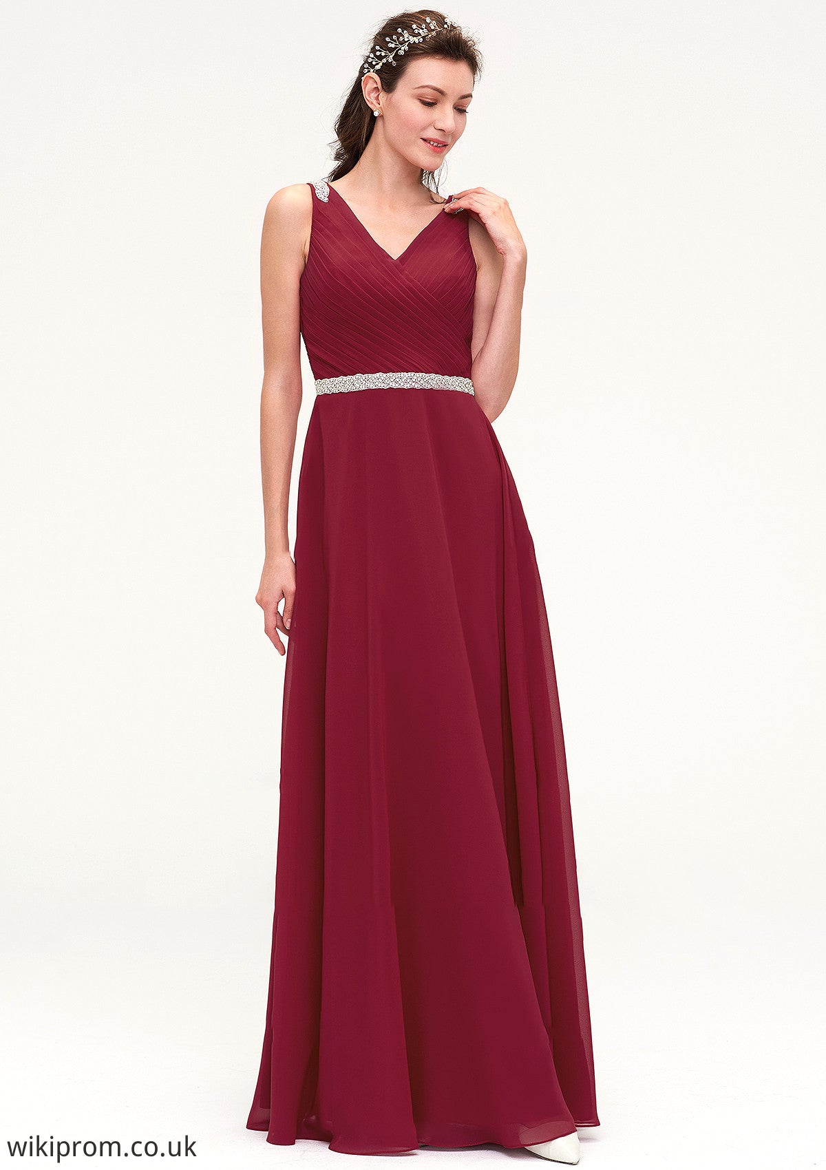 V Neck Sleeveless Chiffon A-line/Princess Long/Floor-Length Bridesmaid Dresseses With Waistband Beading Pleated Thirza SWKP0025355