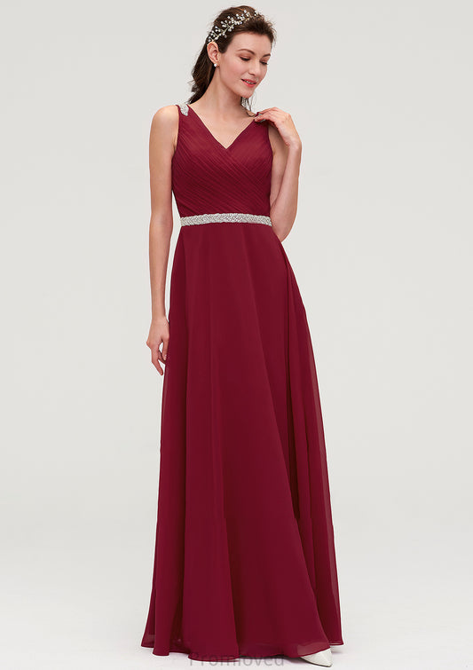 V Neck Sleeveless Chiffon A-line/Princess Long/Floor-Length Bridesmaid Dresseses With Waistband Beading Pleated Ximena DUP0025355