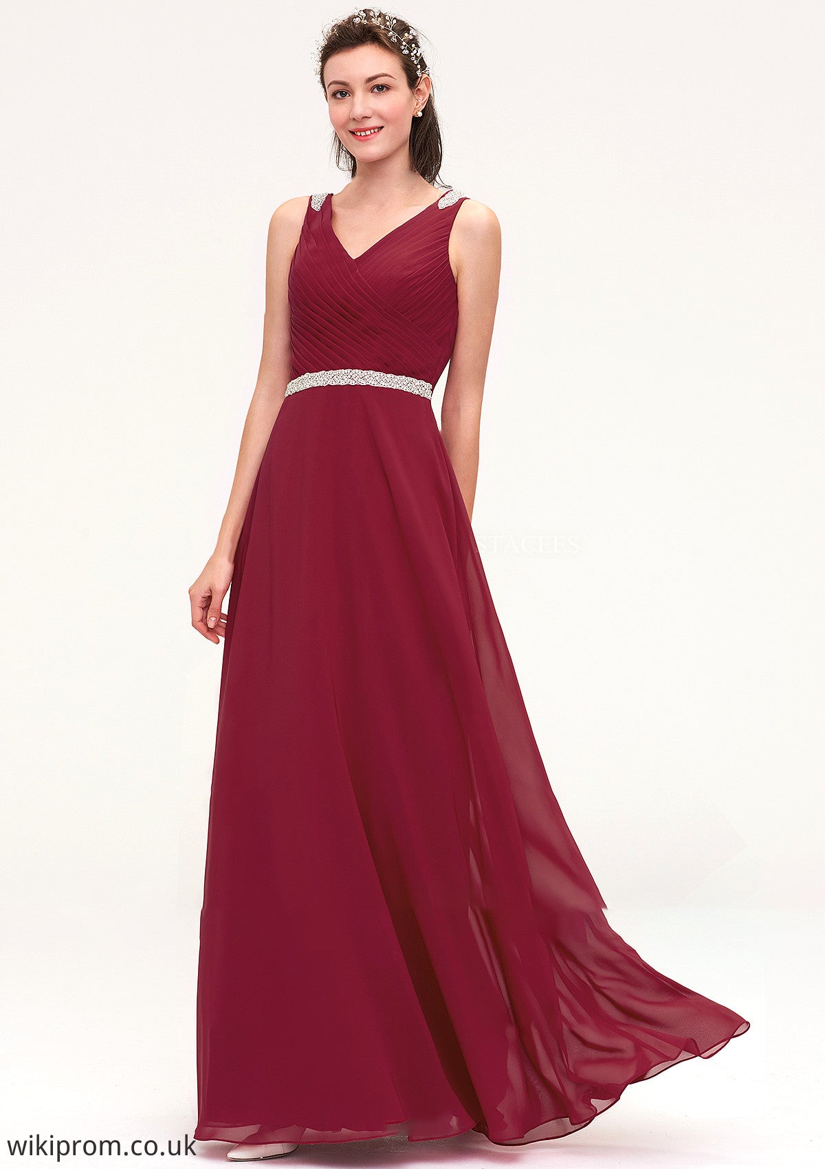 V Neck Sleeveless Chiffon A-line/Princess Long/Floor-Length Bridesmaid Dresseses With Waistband Beading Pleated Thirza SWKP0025355